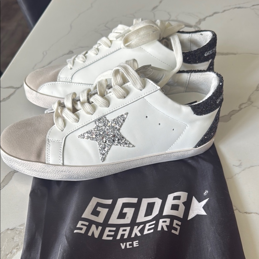 Golden Goose White and Black Glitter Sneakers